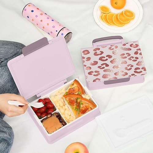 Miniatura 6 de Kcldeci Lonchera Bento de oro rosa con estampado de leopardo, caja Bento con contenedores para almuerzo, caja de almuerzo para niños pequeños, niños