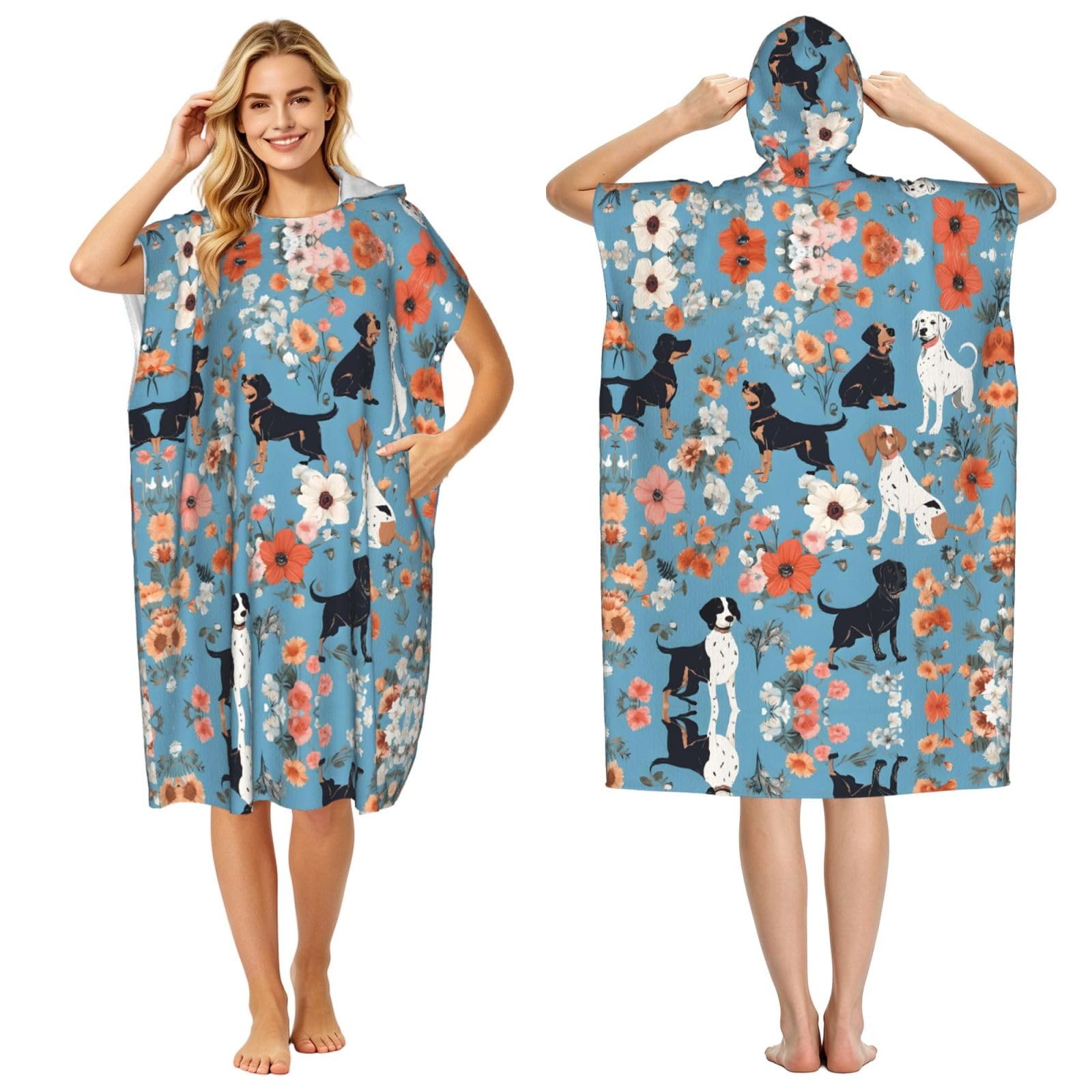 ESNAIUVCD Border Collie Florals Print Changing Robe, Hooded Towel Poncho For Swimming Pool, Beach,Quick Dry & Light Weight Towelling Poncho For Adults Women Men