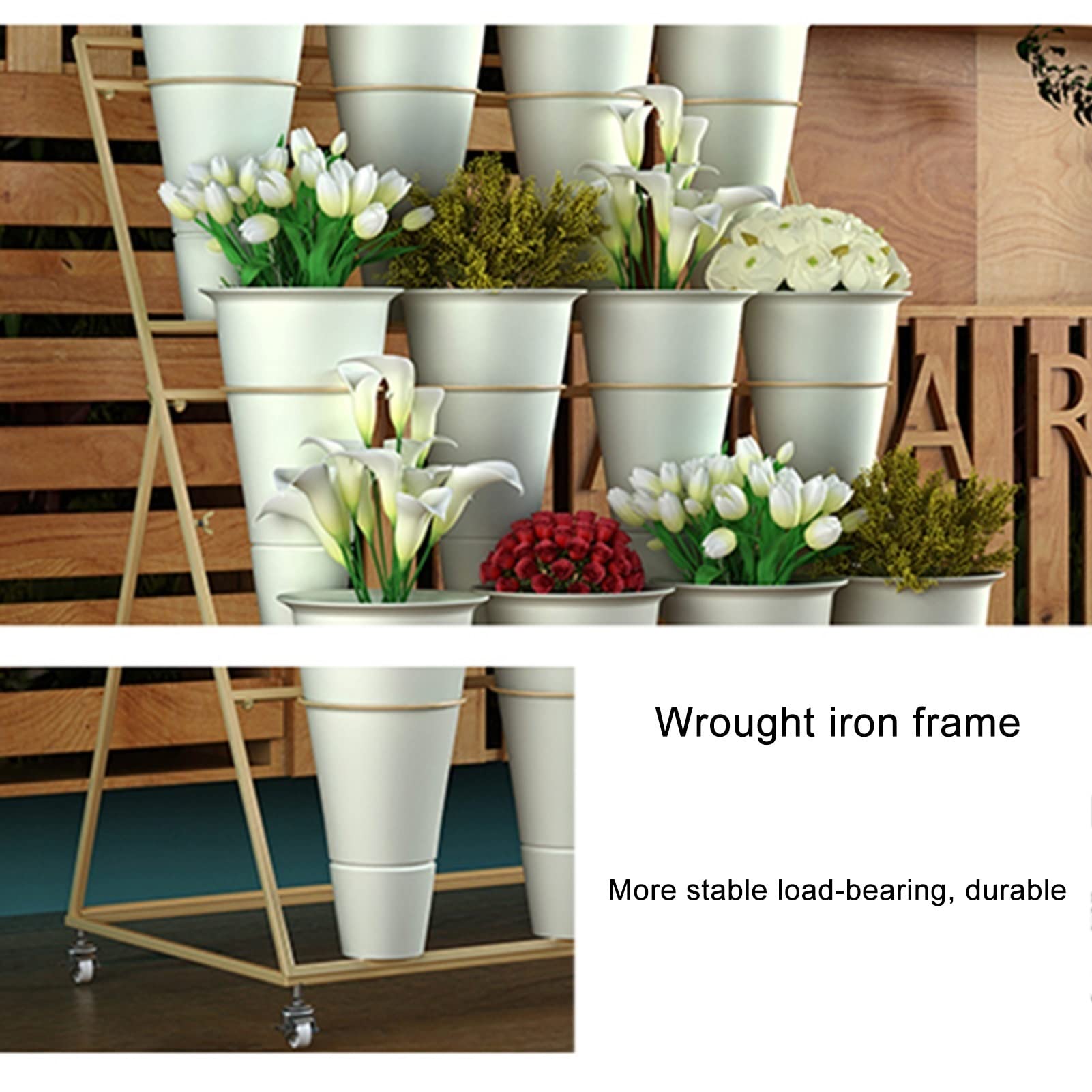 Espositore per Fiori con 12 secchi in plastica - Supporto per Piante in Ferro con 4 Ruote universali, ripiano per Bouquet di fiorista Mobile in Metallo a 3 Strati per ne