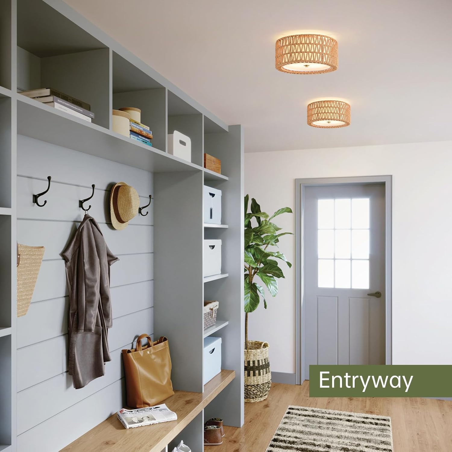 Boho Ceiling Light Fixtures 12.6" Flush Mount Ceiling Light, 3-Light Rattan Light Fixture for Bedroom Close to Ceiling Light Modern Ceiling Light for Foyer Hallway Entryway Kids Room