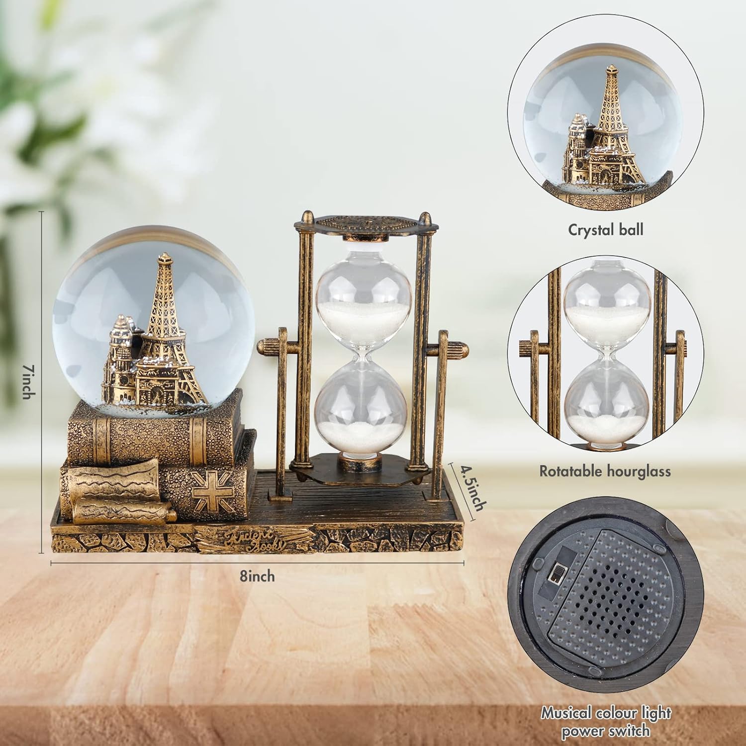 LED MusicCrystal Snow Globe， Sand Timer ，Hourglass,Home Decor,Table Decor for Living Room ，Office Desk Decorations[Brass Tower ]
