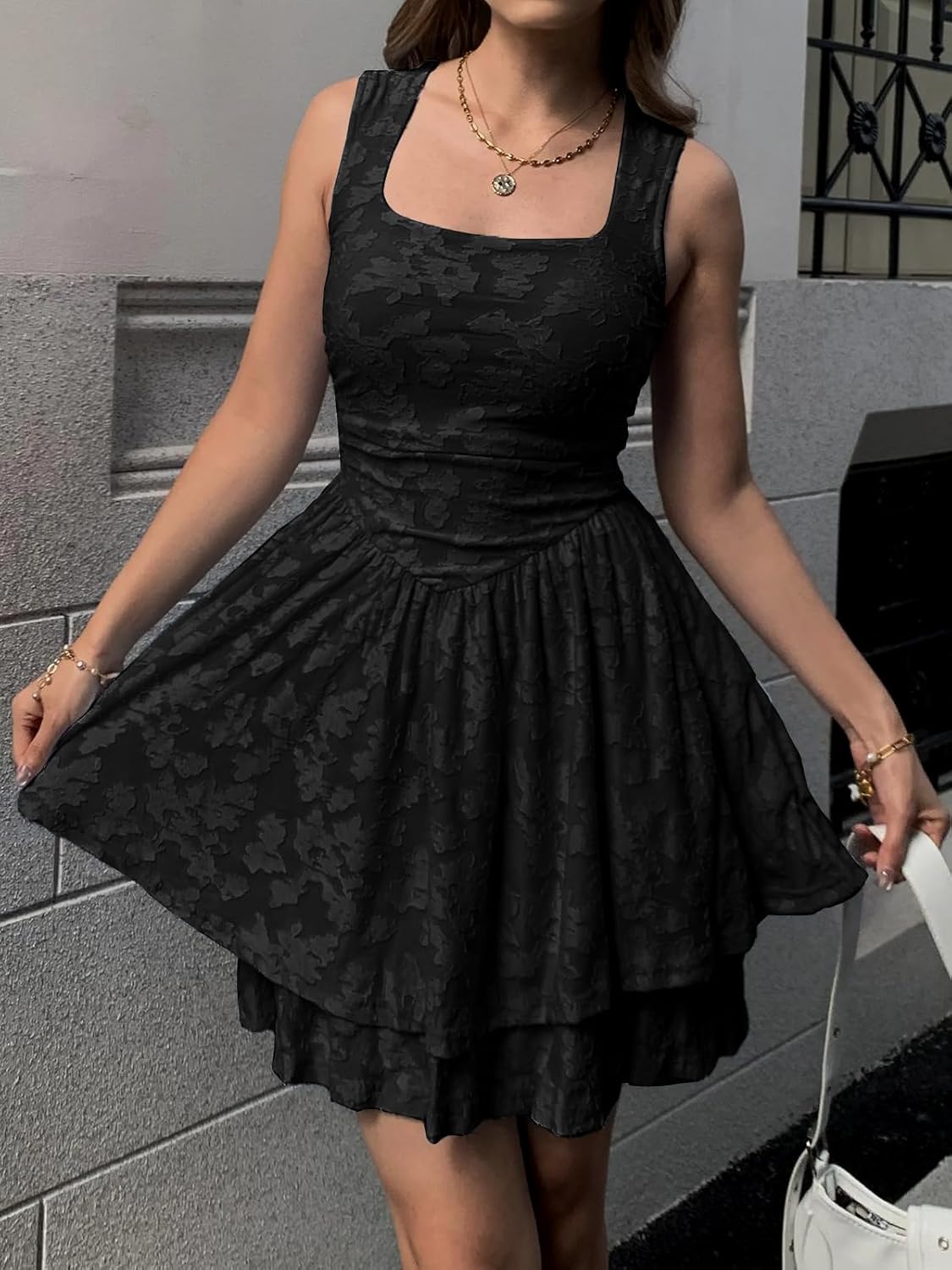 Women's Summer Cute Floral Tiered Ruffle Mini Dress Square Neck Ruched Drop Waist Layered Short Sundress with Pockets