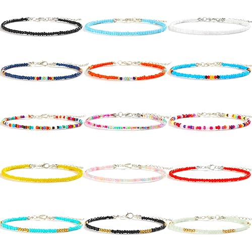 XIJIN 8Pcs Handmade Beaded Anklets for Women Boho Colorful Beads Ankle Bracelets Adjustable Foot Anklet Set