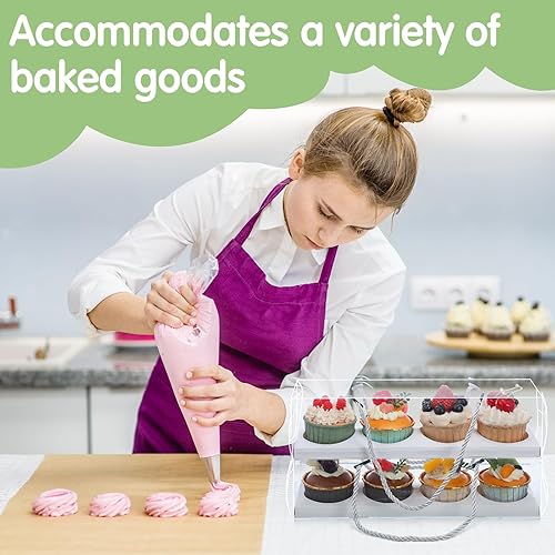 Miniatura 5 de Thenshop 24 cajas transparentes para cupcakes con cartón y asa, 12 x 3 x 3 pulgadas, recipientes rectangulares para cupcakes, cajas de pasteles para