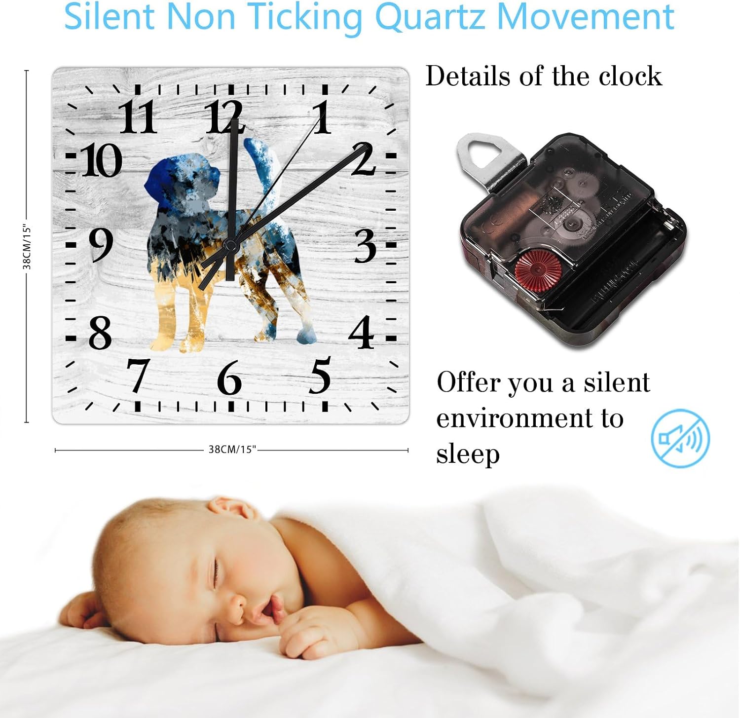 Square Wall Clock Beagle Large Wall Clock Dogs Puppies 15in Square Silent Non-Ticking Unique Wood Clock for Home Office Classroom School Hotels Dog Lover Gift