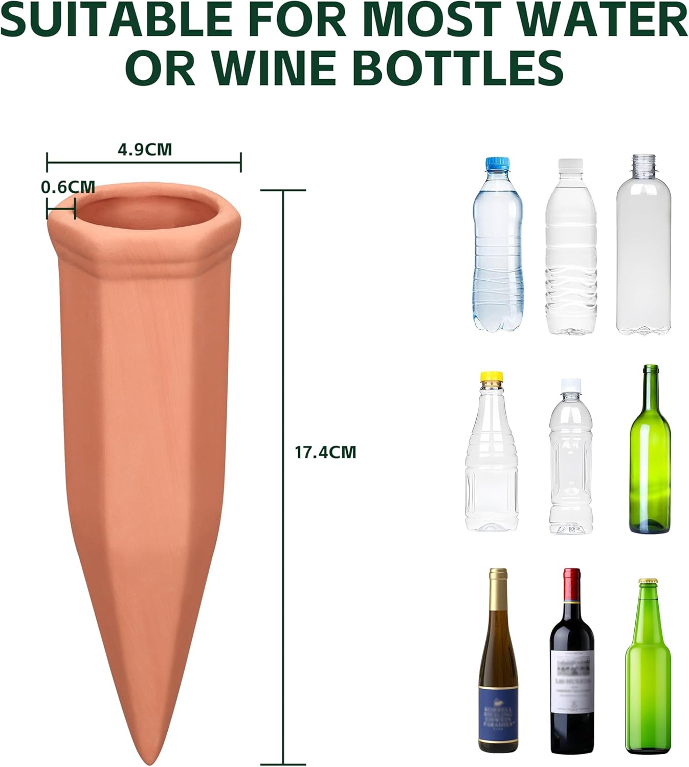 Soilagua Wine Bottle Watering Spikes, Terracotta Watering Spikes for Out | Indoor Plants, Self Watering Planter Insert, Vacation Plant Watering Devices, Clay Plant Watering Globes, 8-Pack
