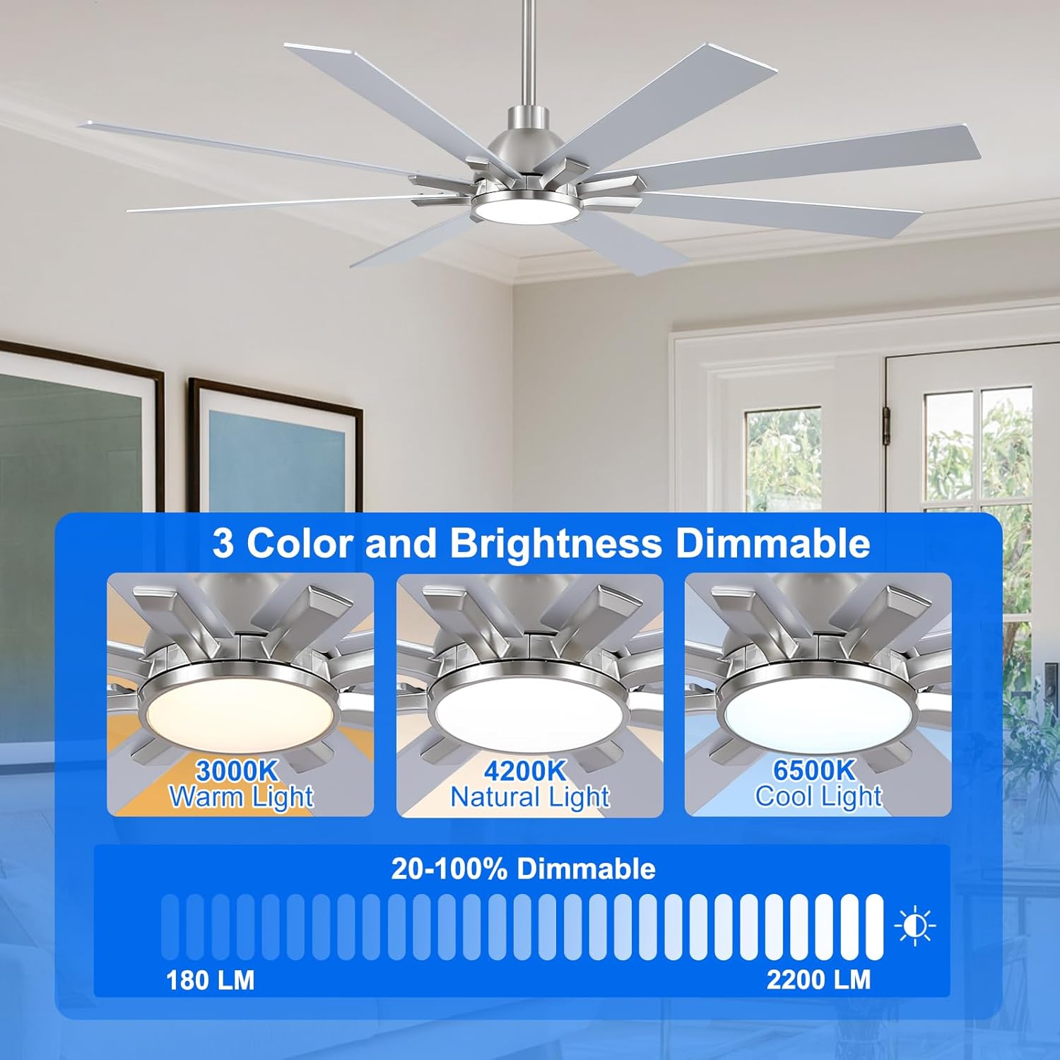 62 Inch Ceiling Fans with Lights and Remote, Nickel Large Ceiling Fan for Bedroom Living Room Indoor/Outdoor, 6 Speed Reversible DC Motor, 3CCT, Downrod, Dual Color 8 Blades, ETL Listed