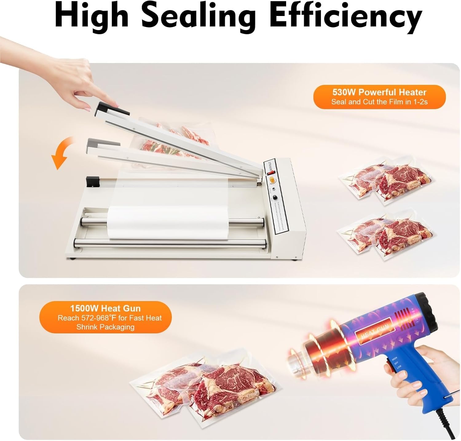 Shrink Wrap Machine, Semi-Automatic Heat Sealer with 1500W Heat Gun, Adjustable Temperature, Commercial Packaging Sealing for PP, PE, PVC, POF Film
