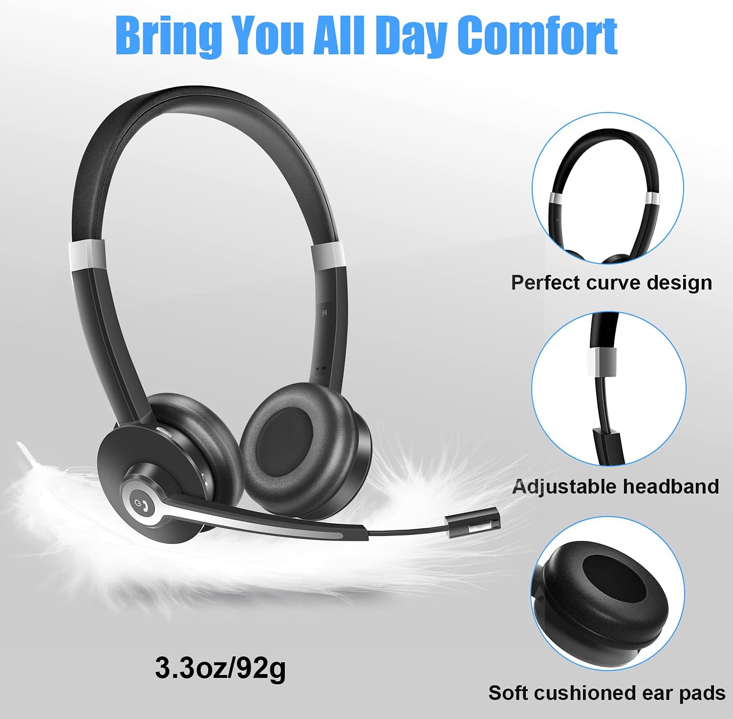 YUWAKAYI Bluetooth Headset with Noise Canceling Microphone, V5.0, Mic Mute, Wireless Headphone for Laptop Cell Phone, Tablet - Image 5