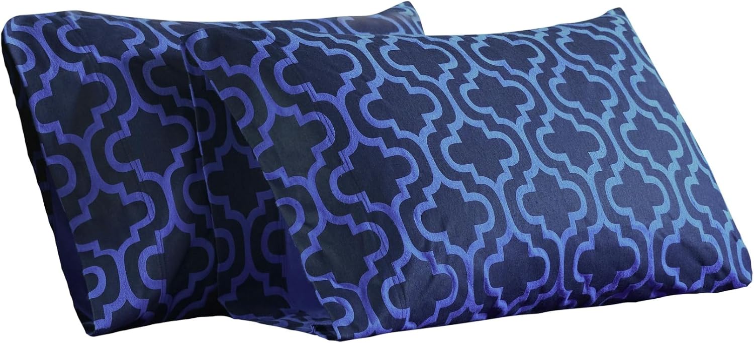 Superior Extra Soft Printed Highest Quality All Season 100% Brushed Cotton Flannel Trellis Bedding Pillowcase Set - Navy Blue Trellis, King Size