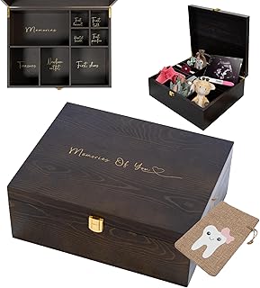 Wooden Baby Keepsake Box with Tooth Fairy Tooth Holder Bag- Newborn Keep...