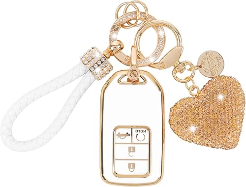 Funda para llavero compatible con llave inteligente Honda Accord Civic CR-V Pilot de 4 botones, funda de TPU suave con llavero de cristal brillante