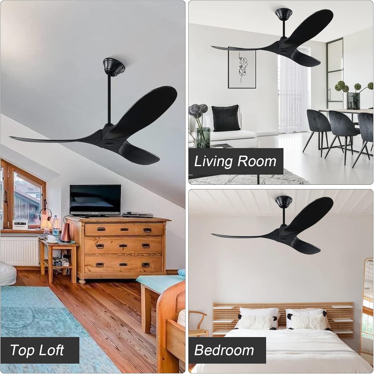 70 Inch Wood Ceiling Fan No Light, Modern Black Ceiling Fan With Remote, 6 Speeds, 3 Blade Indoor/Outdoor Low Profile Ceiling Fans with 3 Downrods for Patios Farmhouse Living Room Kitchen