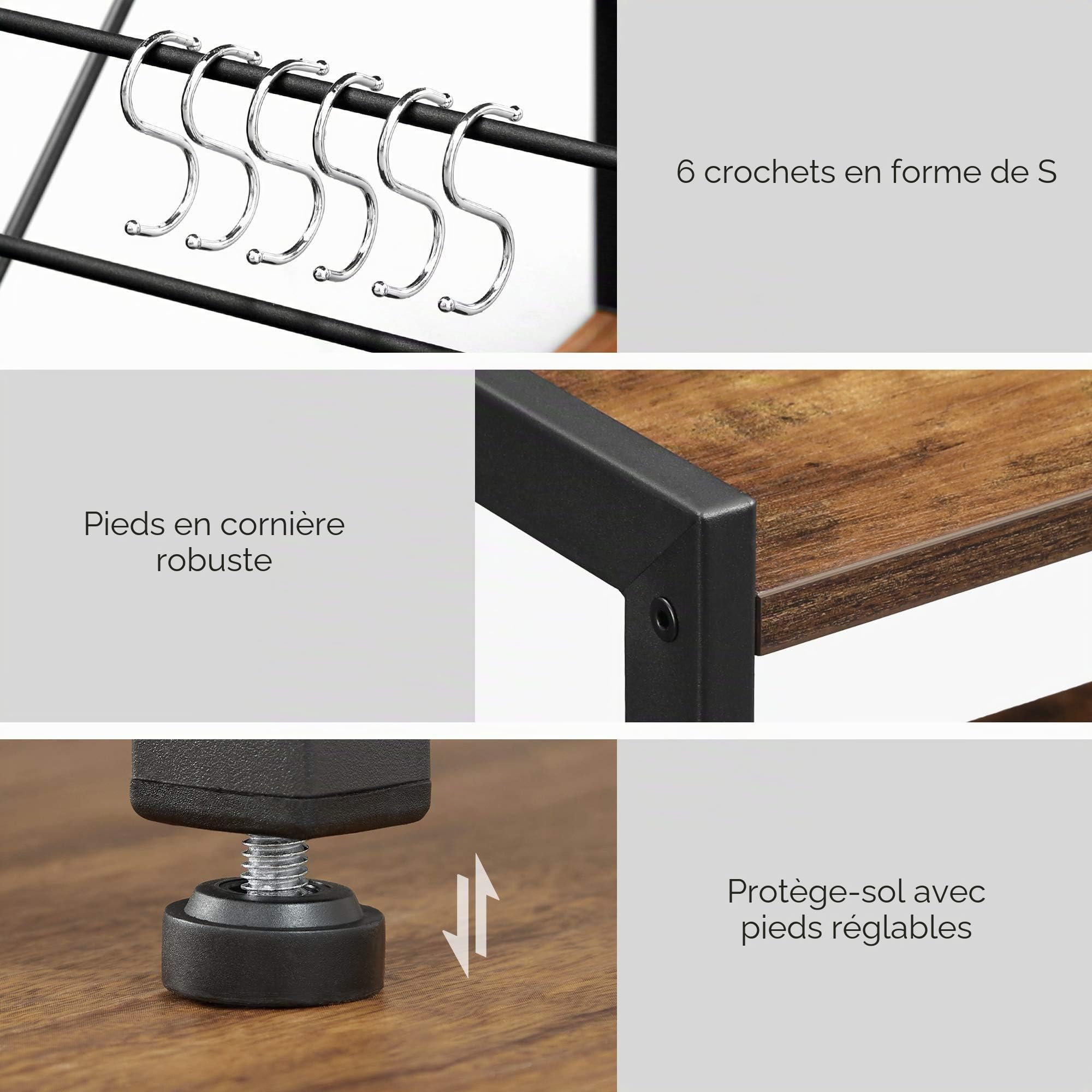 VASAGLE Étagère de Cuisine avec 2 Paniers Métalliques en Maille, Meuble de Rangement, pour Four à Micro-Ondes, avec Crochets, 35 x 80 x 95 cm, Marron Rustique et Noir KKS96X