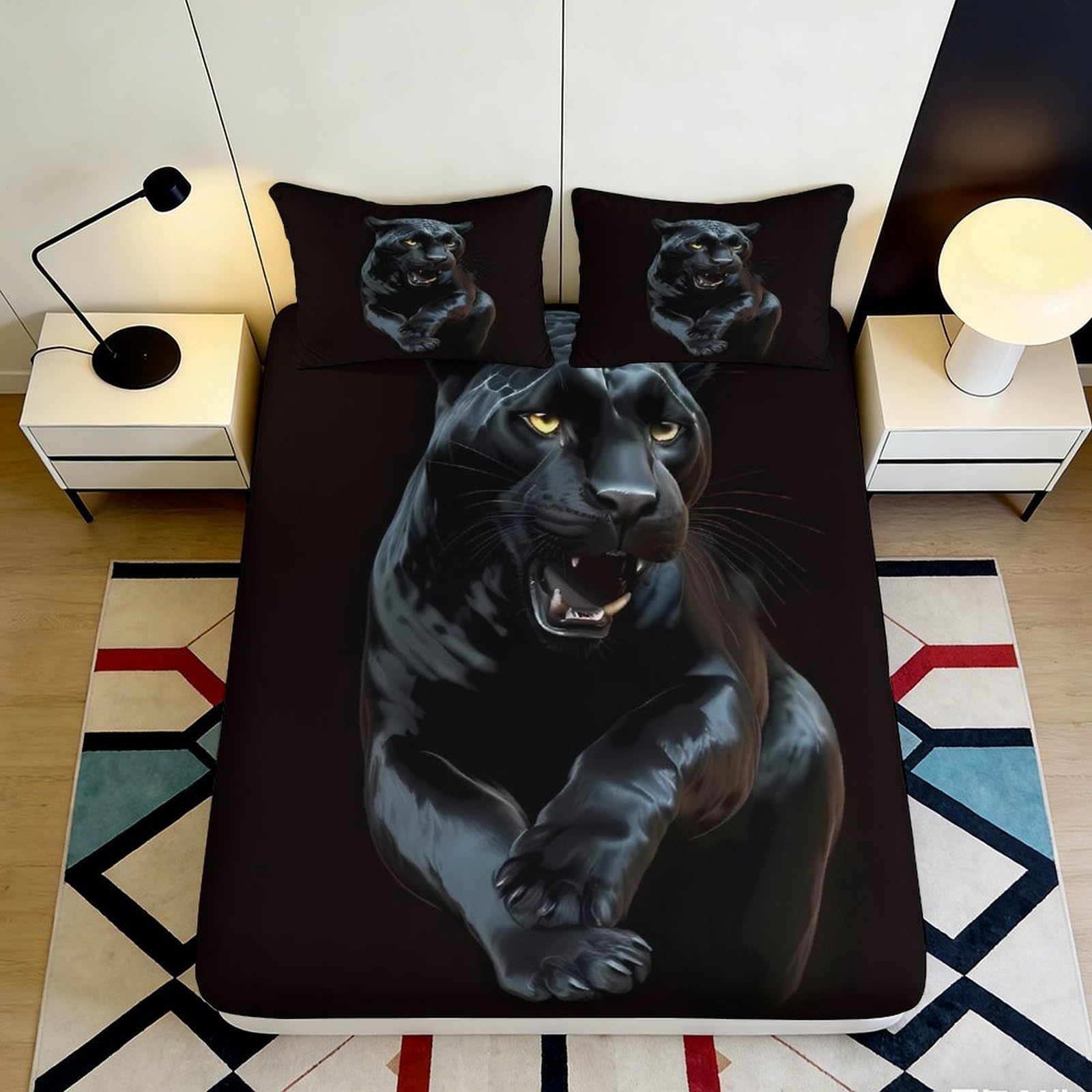 3D Printed Black Panther Fitted Sheet Microfiber Soft Breathable Panther Design Bed Cover for Bedroom Dormitory Guest Room Mattress Protection 180x200x25cm