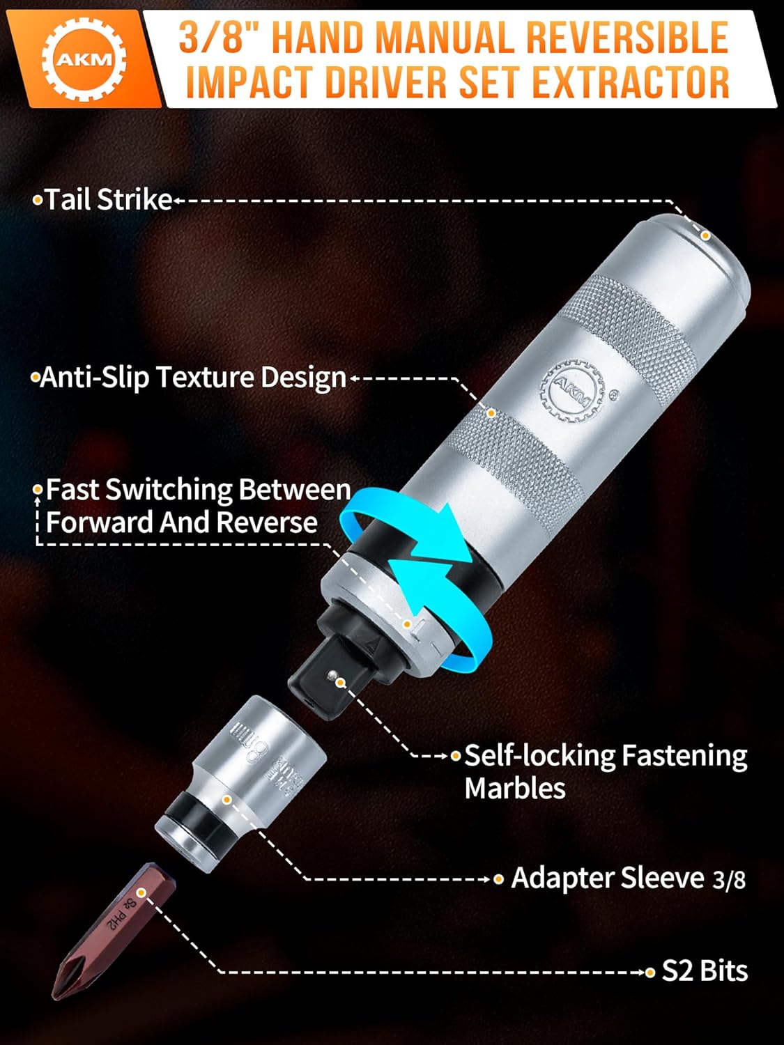 AKM 3/8" Hand Manual Reversible Impact Driver Set Extractor Impact Screwdriver S2 Steel Much More Durable Disengage Rusted Fasteners or Frozen Bolts