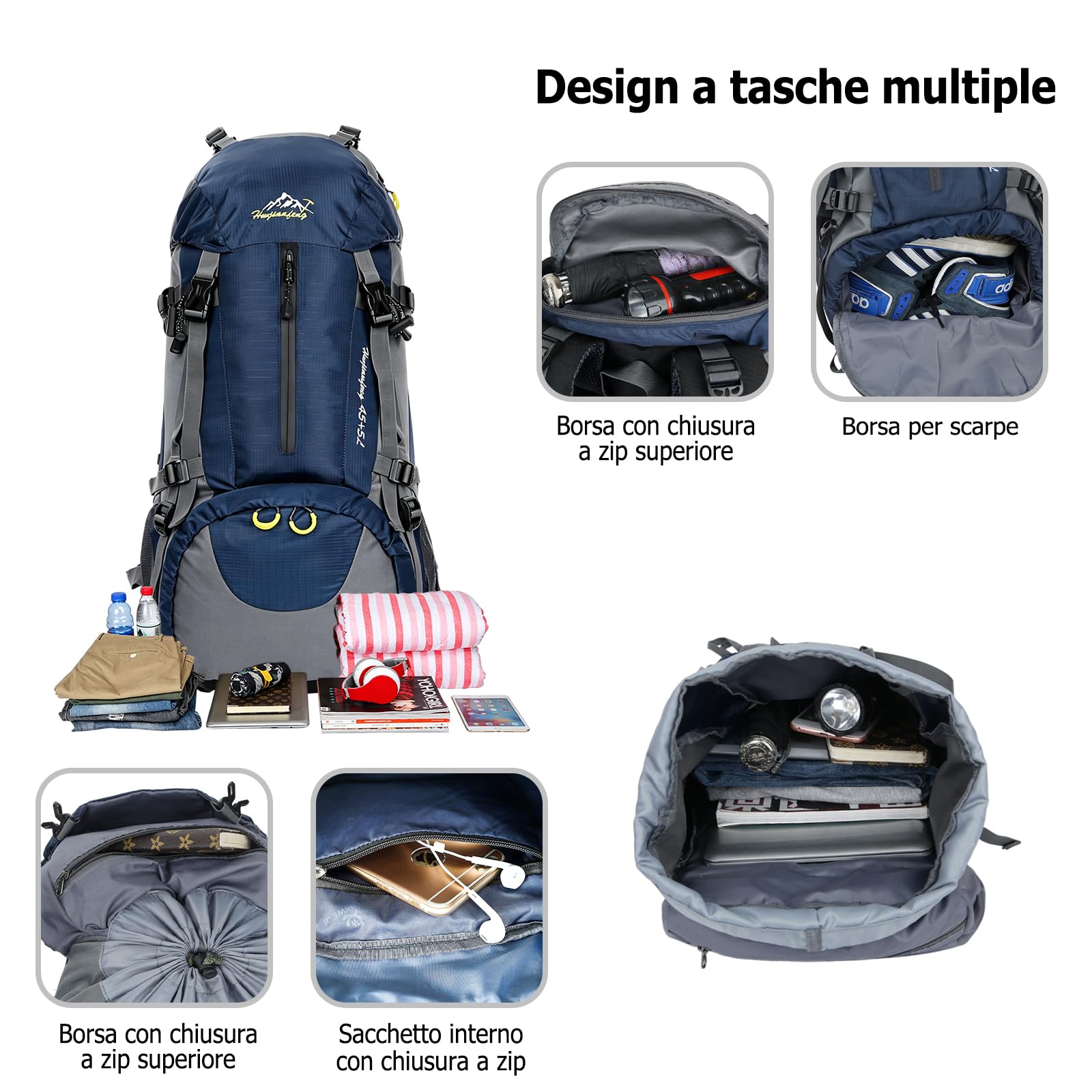 Zaino da Trekking 50L Zaino Impermeabile in Nylon Grande Zaini Campeggio Backpack Viaggio Multi Scomparto Verde Militare