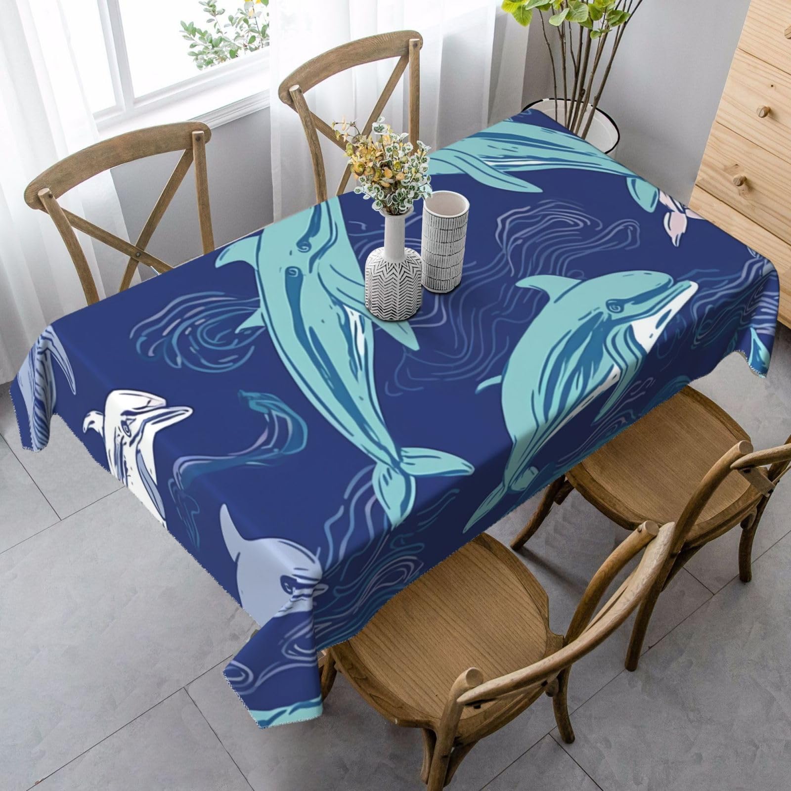 FodPand 35x55 Inch Tablecloth Stain and Wrinkle Resistant Table Cover Rectangular Washable Kitchen Table Cloth for Dinning Room Picnic Patio Party Decor, Dolphin