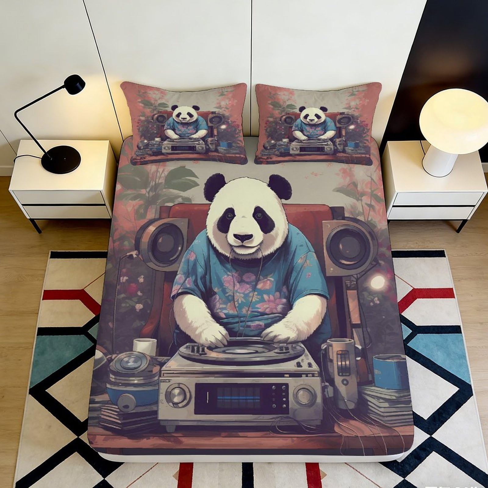 Pnayamiorkfel Style-2 3D Printed Dj Panda Fitted Sheet Microfiber Soft Breathable Music Party Bed Sheet For Bedroom Dorm Decor 90X200x25cm