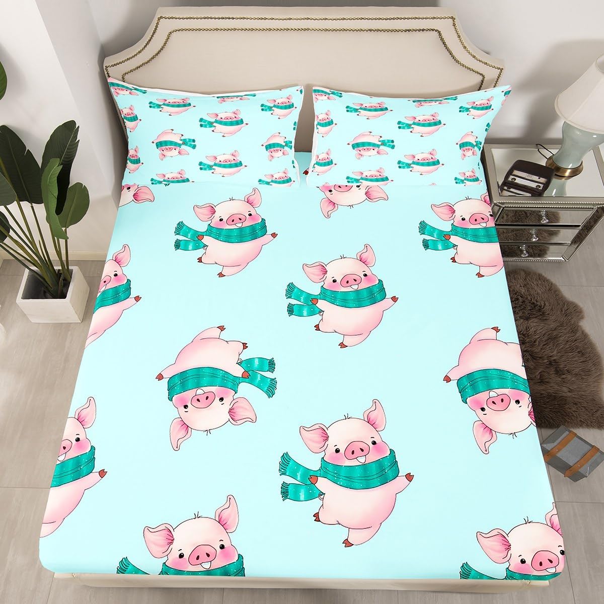 Pig Printed Bed Sheet Set - Cute Animal Bedding Set - Fitted Sheet & 2 Pillow Case - Queen Size - Lightweight Cartoon Pink Pig Pattern