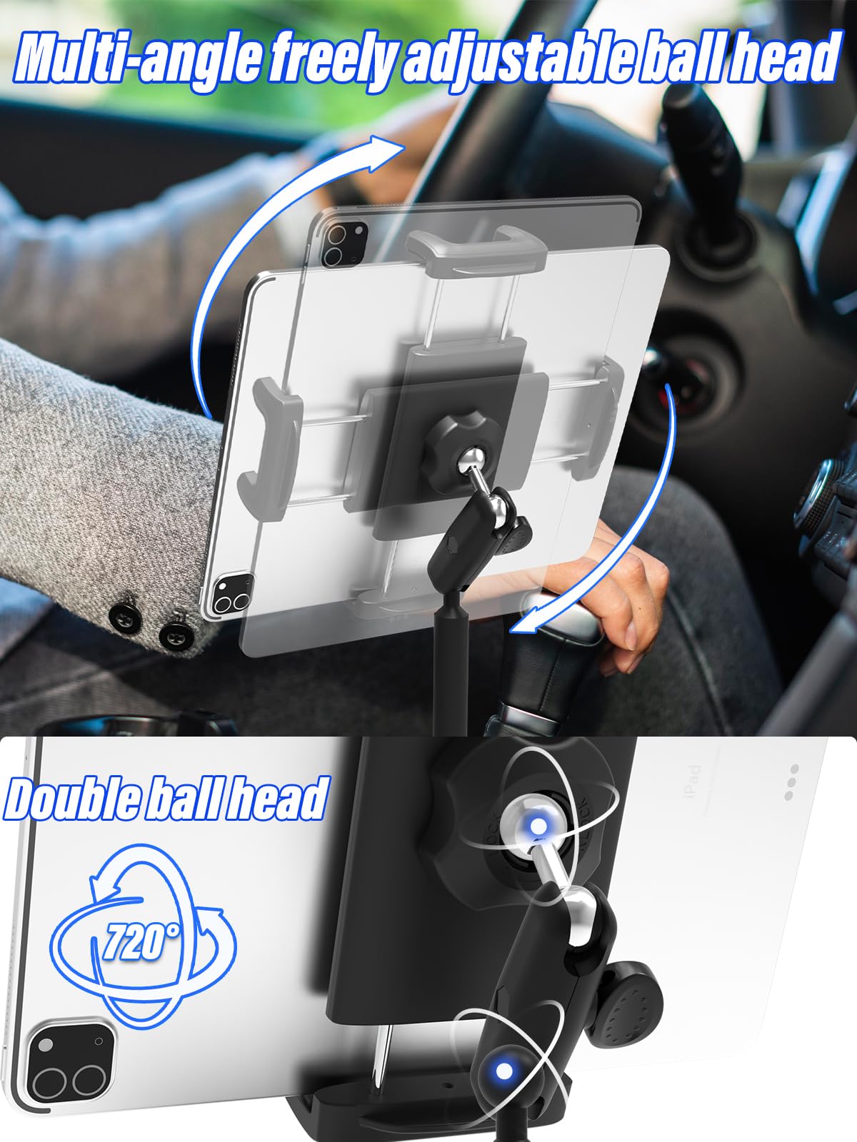 Soporte de metal para tablet de coche para iPad y teléfono de 4.7 a 13 pulgadas | Rotación de 720°, brazo ajustable, soporte para tablet, apto para iPad Pro Air Mini, Galaxy Tab, iPhone