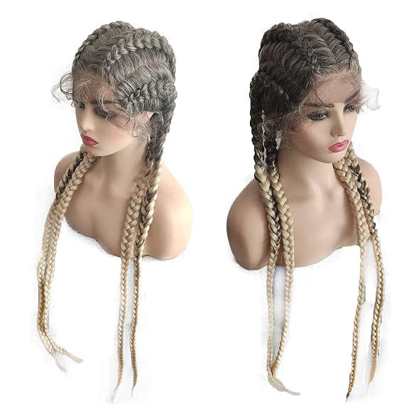 Ombre Blonde Braided Wigs for Women Long Twisted Braids Glueless Wig Grey Mixed Black Double Dutch Braid Wigs with Baby Hair Synthetic Heat Resistant Lightweight Box Braided Wig Drag Cosplay 32Inch
