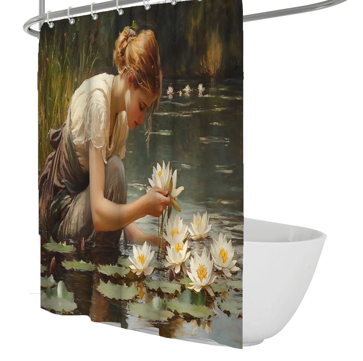 OLLIAR Home Impressionist Aesthetic Shower Curtain Classical Lady White Lotus Floral Bathroom Decor Rustic Cottagecore Waterproof Shower Curtain Set with Hooks 120x200cm