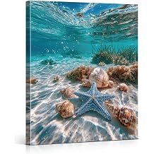 Coastal Ocean Themed Wall Art Print Seashell Under the Sea Canvas Poster Picture Summer Wall Decor for Home Beach House 8x10 Inch Framed