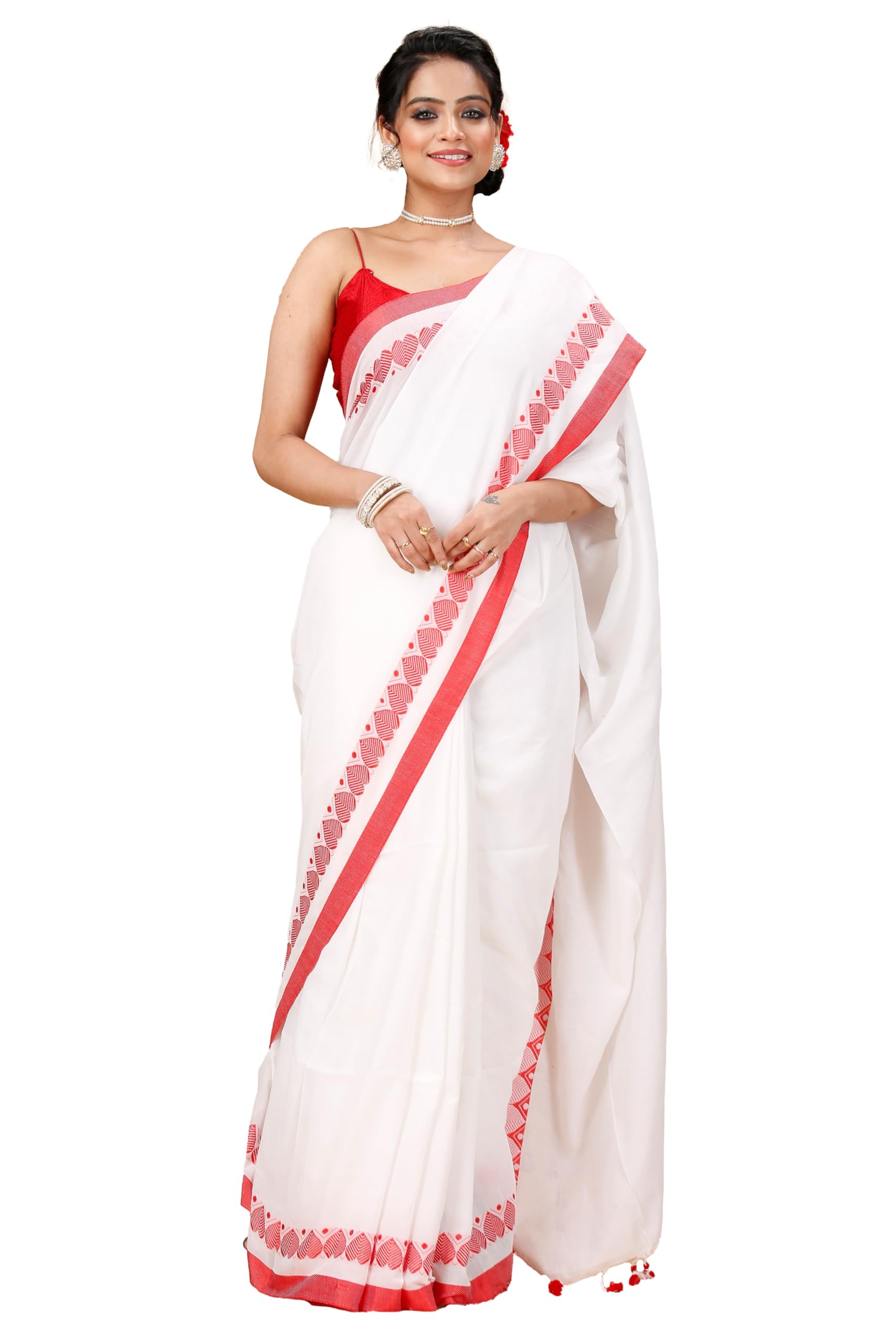 Women's Traditional Authentic Bengal Handloom Soft Cotton Saree - Beautiful Love Border Design With Running blouse Piece-image-3