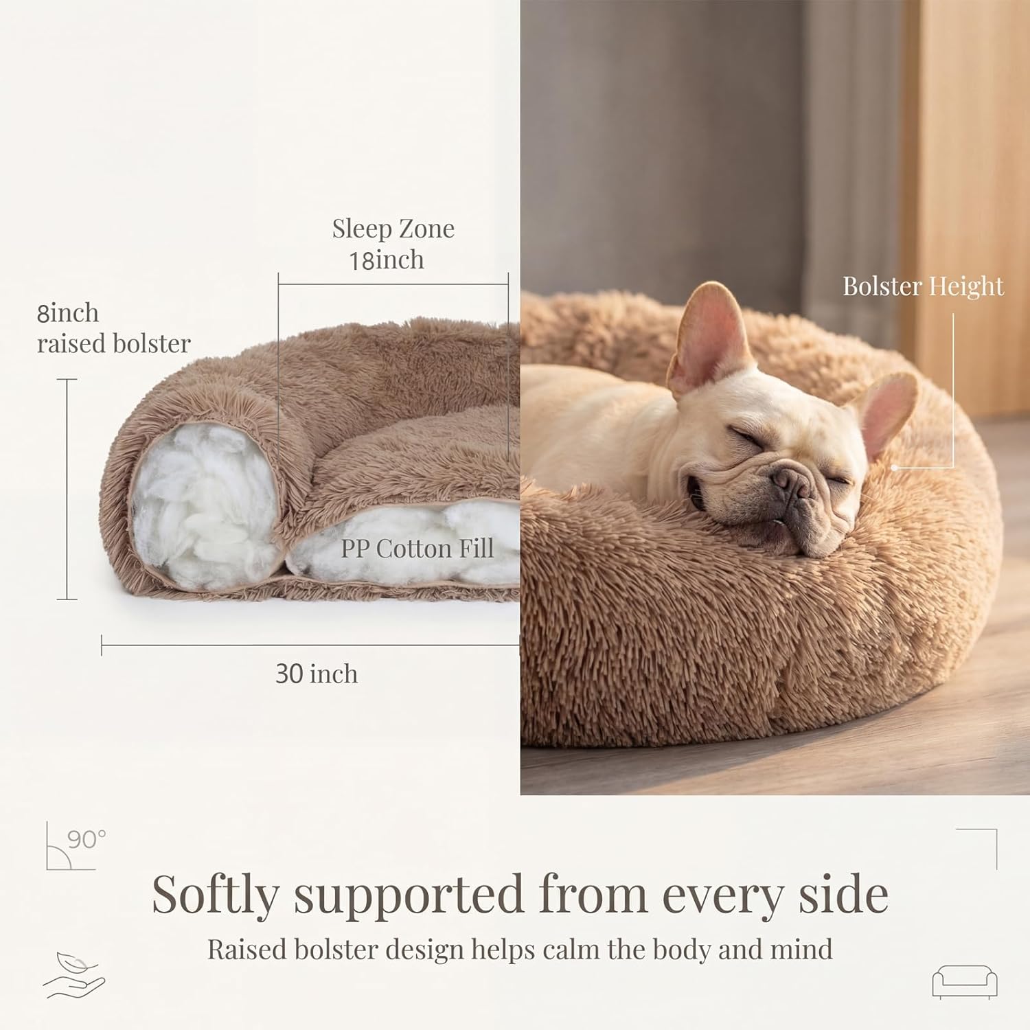 Calming Dog Bed for Medium Dogs Washable Donut 30 inches Anti-Slip Pet Bed,Round Fluffy Plush Faux Fur Cat Bed,Fits up to 45 lbs Pets,Camel