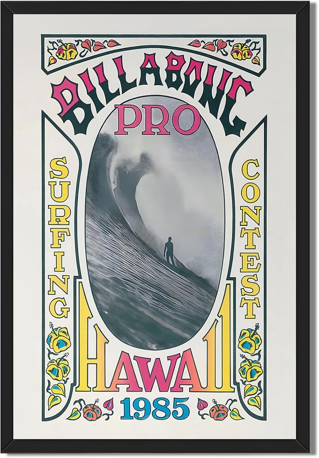 Black Framed Vintage Surfing Poster Hawaii 1985 Retro Surf Contest Wall Art Picture Classic Wave Rider Canvas Painting Print Beach Sports Decor for Coastal Surfer Home Bar Man Cave 12x16inch