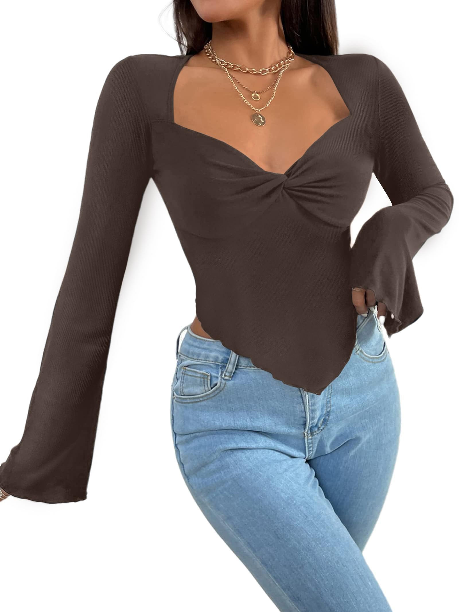 Avanova Women's Long Sleeve Square Neck Crop Top Twist Front Asymmetrical Shirt