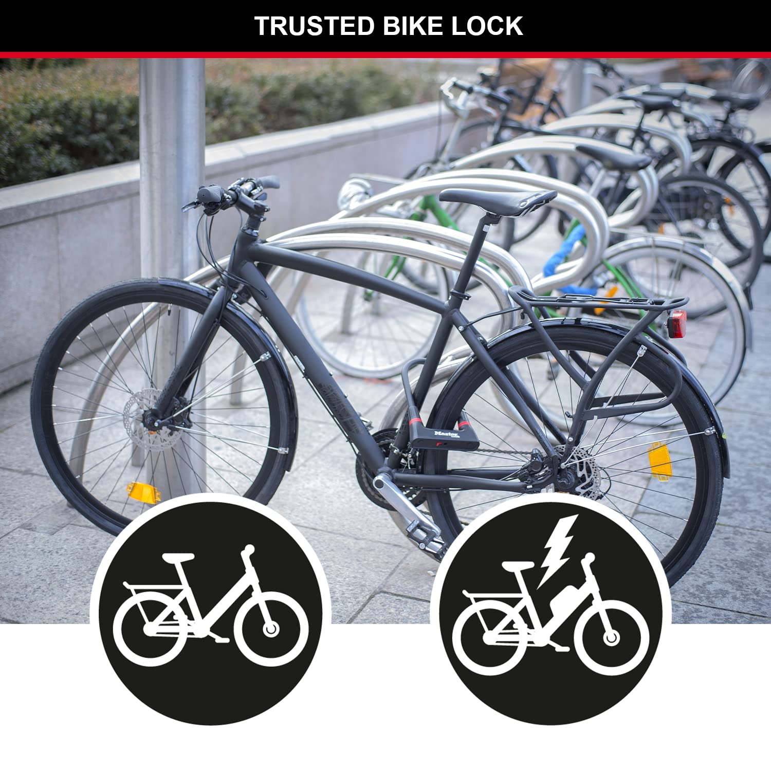 Master Lock Catena Bici U, Chiave, Supporto per il Trasporto, Certificato Antifurto, 8279EURDPRO, Da utilizzare con bici elettriche, da montagna, da strada, pieghevoli