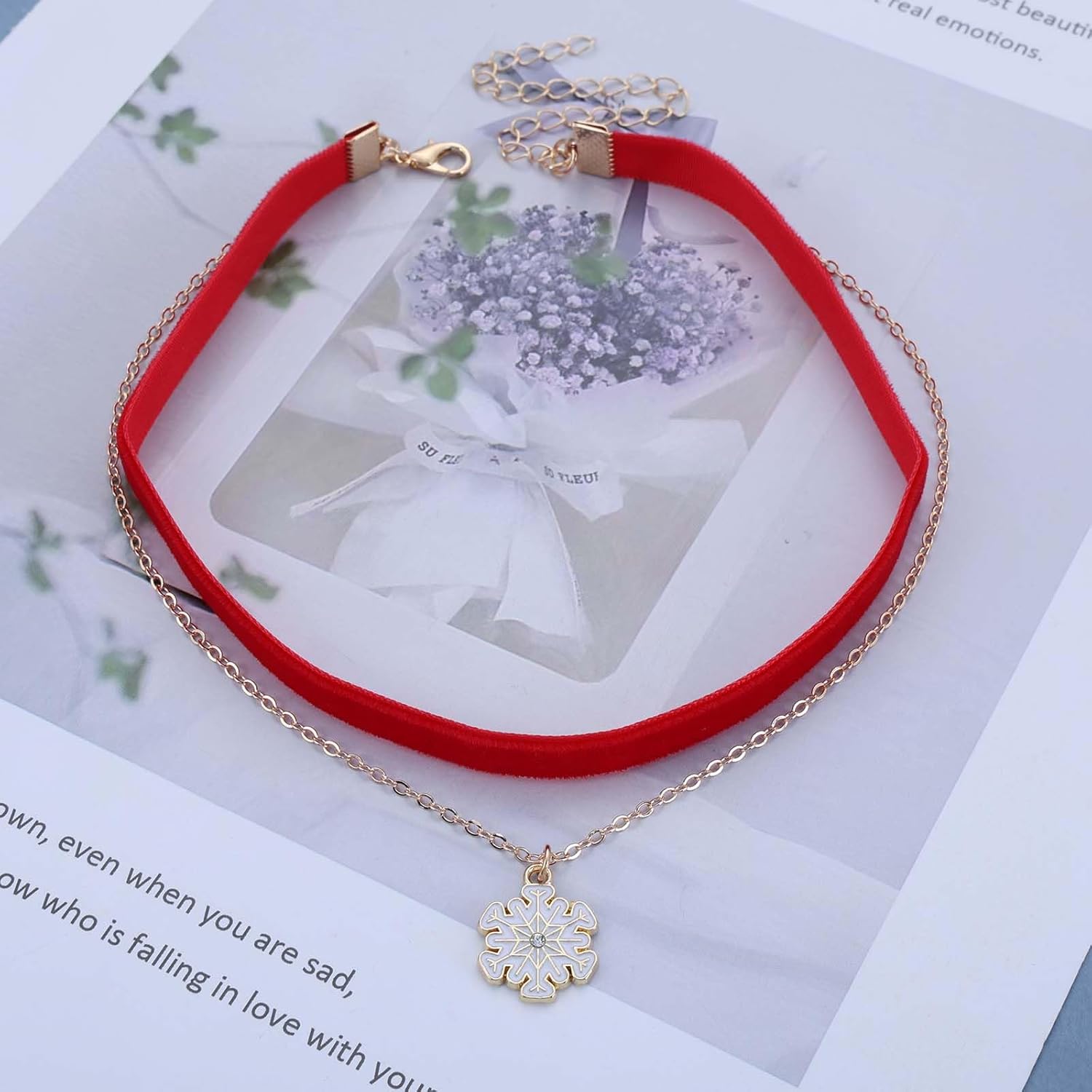 Vintage Layered Snowflake Necklace Red Velvet Choker Necklace Cz Snow Flower Necklace Snowflake Velvet Necklace Short Suede Collar Necklace Jewelry for Women - Image 4