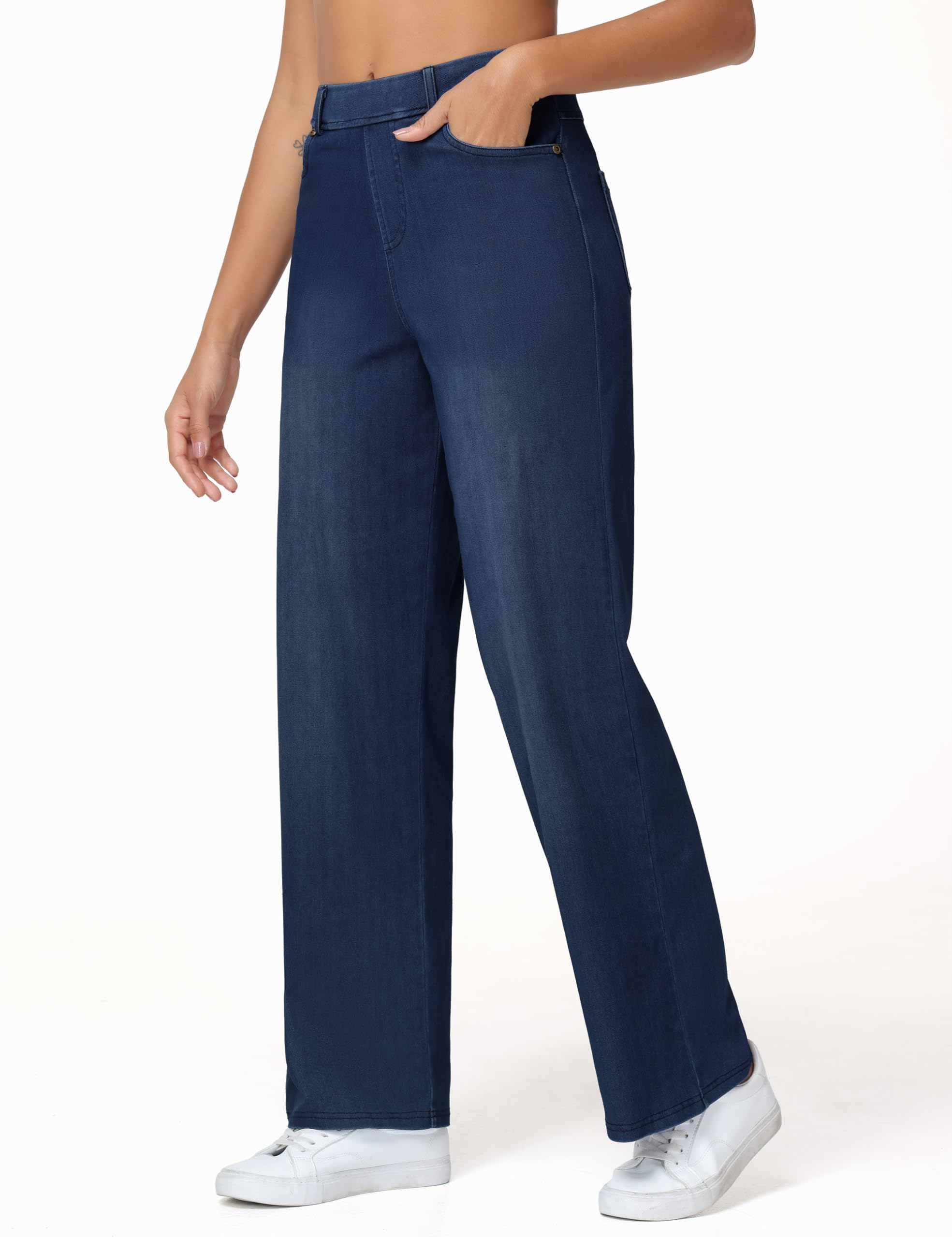 THE GYM PEOPLE Jean ample à enfiler pour femme - Extensible - Tendance - Décontracté - Droit - Avec poches