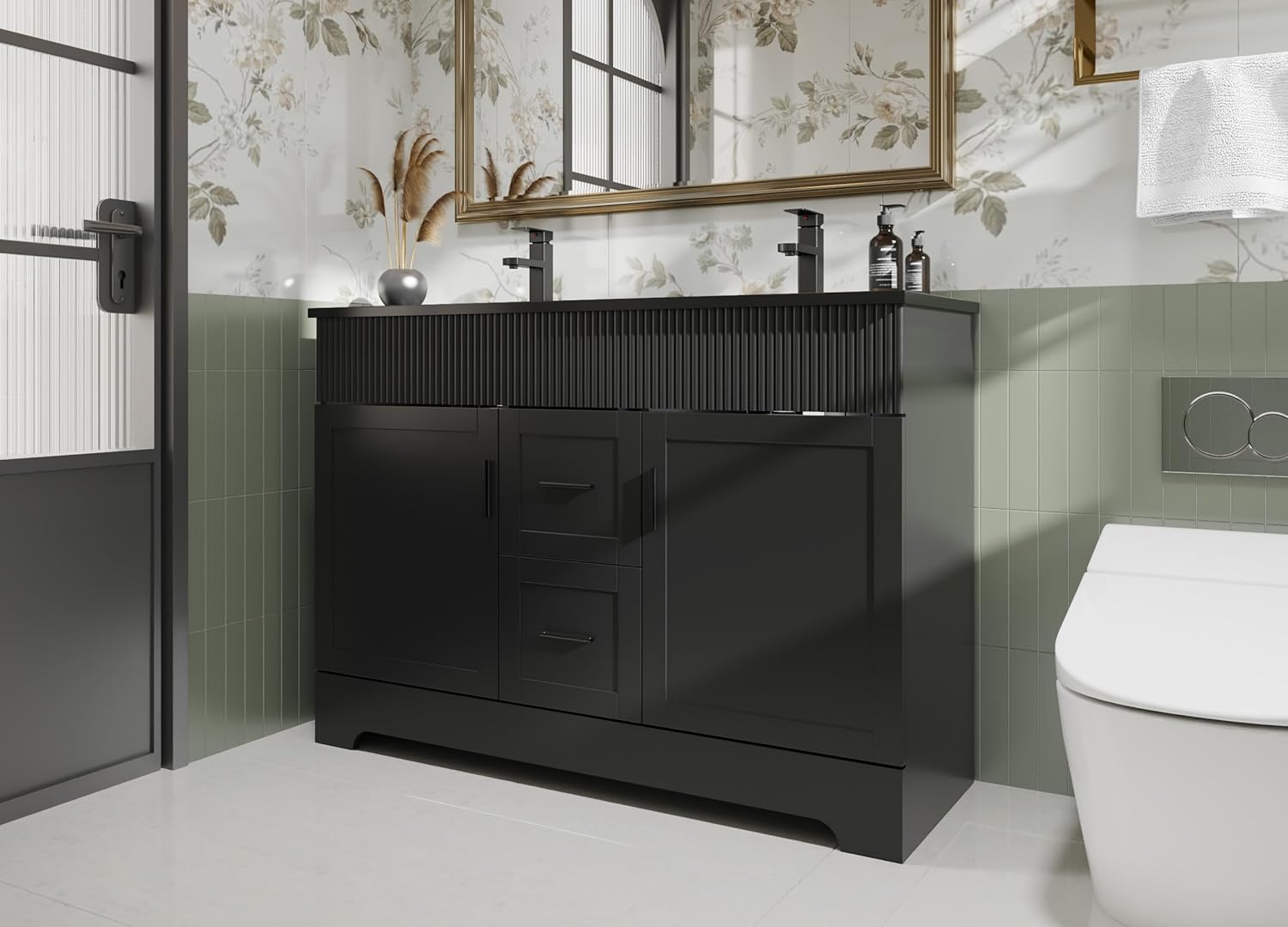 eclife 48" Bathroom Vanities Sink Combo, Modern Freestanding Bathroom Storage Cabinet W/Decorative Wave Lines, Painted Surface, Undermount Double Black Sink, Faucet, Drain, Black