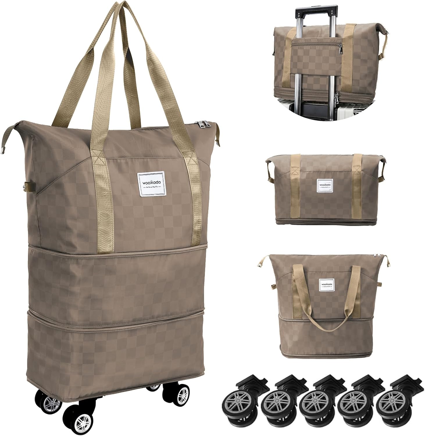 WOOMADA Rolling Duffel Bag With Wheels, Detachable Rolling Carry-On Luggage, Expandable Foldable Large Suitcase for Travel, Business, Camping, Gift for Parents, Spouse(khaki checkerboard)