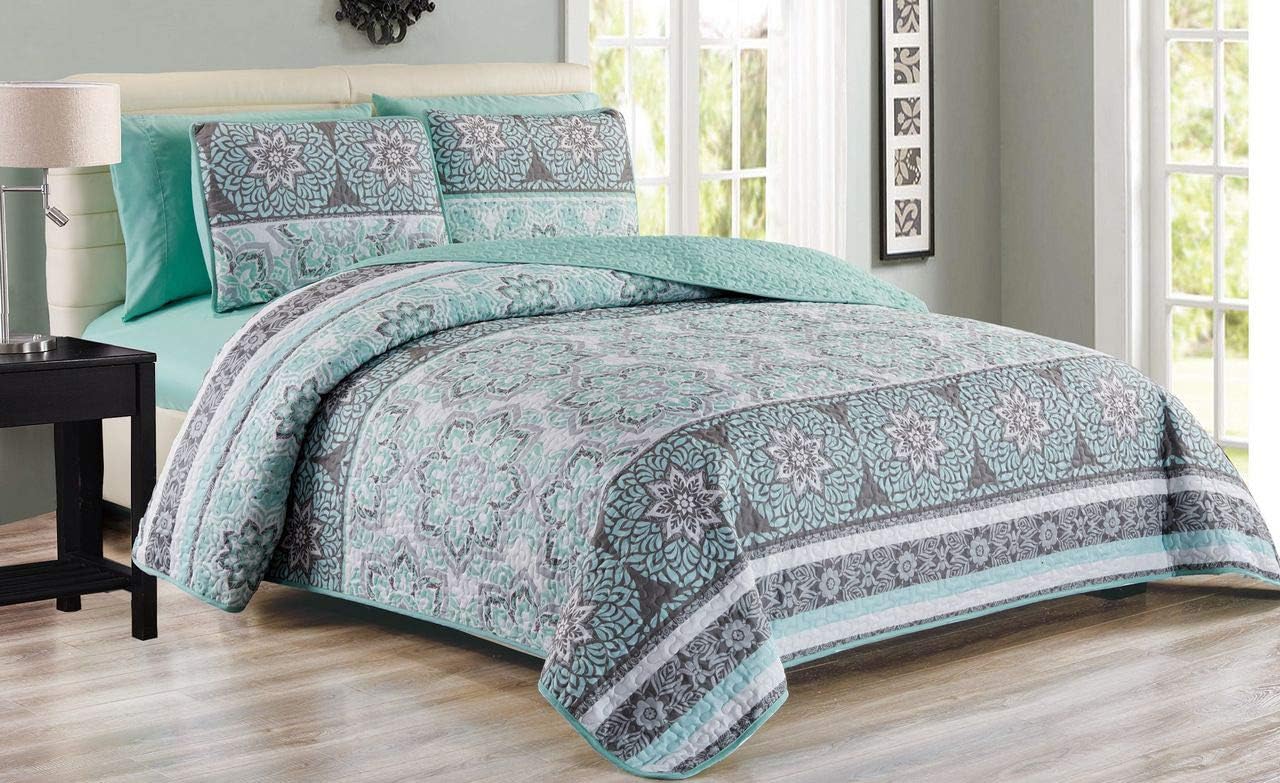 6 Piece Medallion Floral Patchwork Reversible Bedspread/Quilt with Sheet Set King