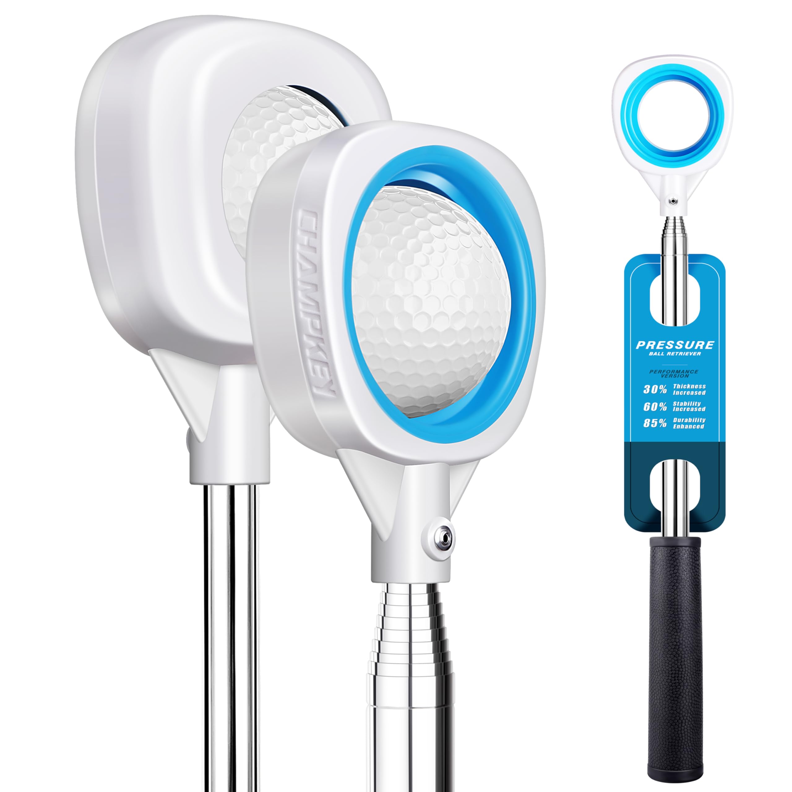 CHAMPKEY Performance Golf Ball Retriever Single Sided - Thicken Stainless Steel Shaft with Rubber Grip Golf Retriever - Available in 9Ft / 12Ft /
