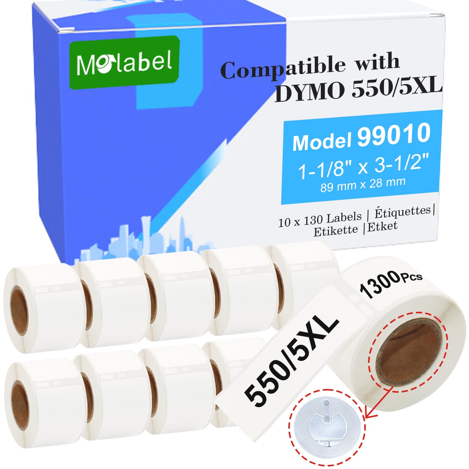 Etichette Molabel standard per indirizzi con chip RFID – 10 rotoli compatibili Dymo 99010 S0722370, 89 x 28 mm, 130 etichette/rotolo, per LabelWriter 550 e altre stampanti Dymo