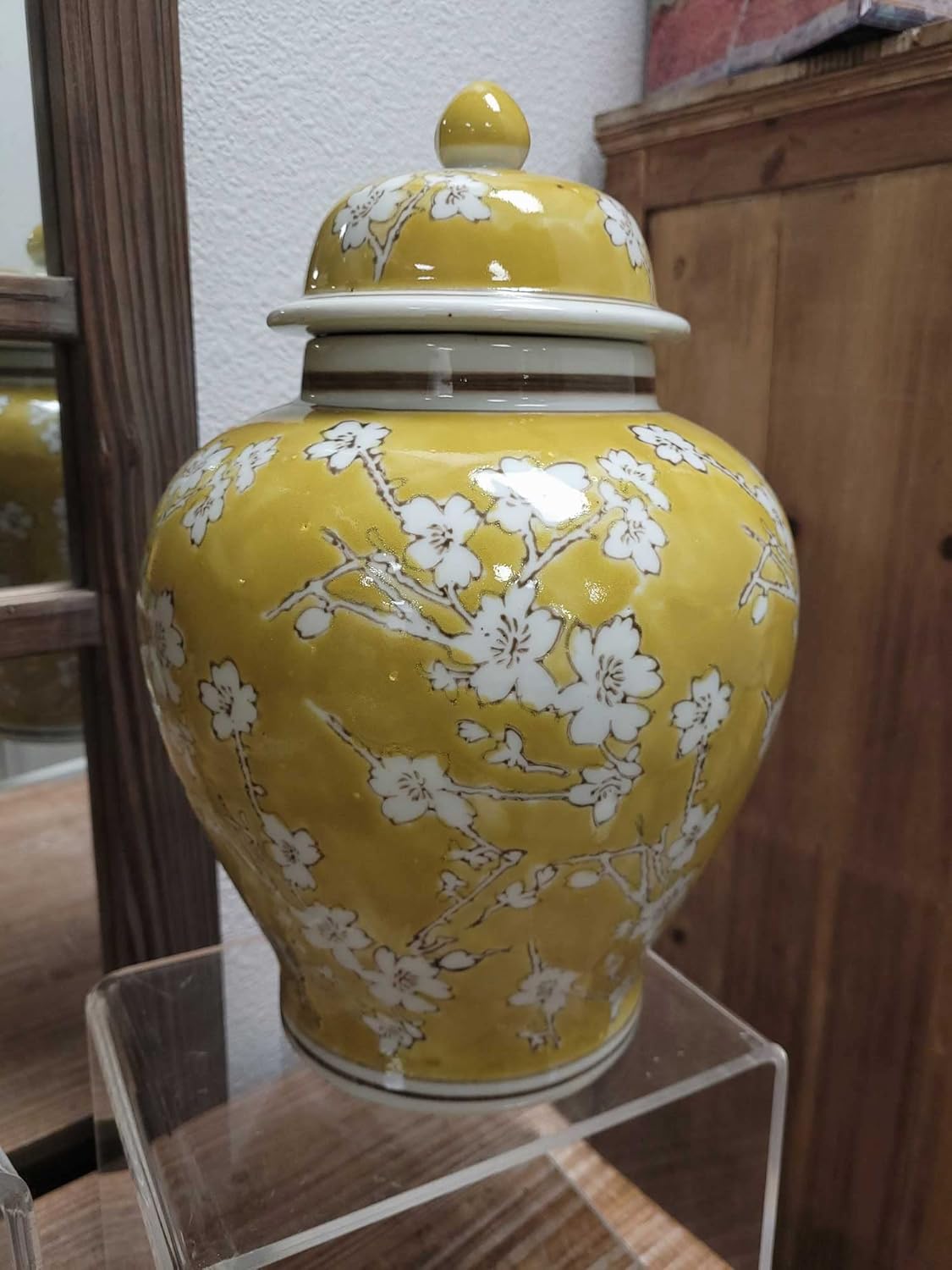 Galt International Yellow and White Floral Chinoiserie Jar 12" w/Lid - Ginger Jar, Tea Storage, Decorative, Home Décor Vase