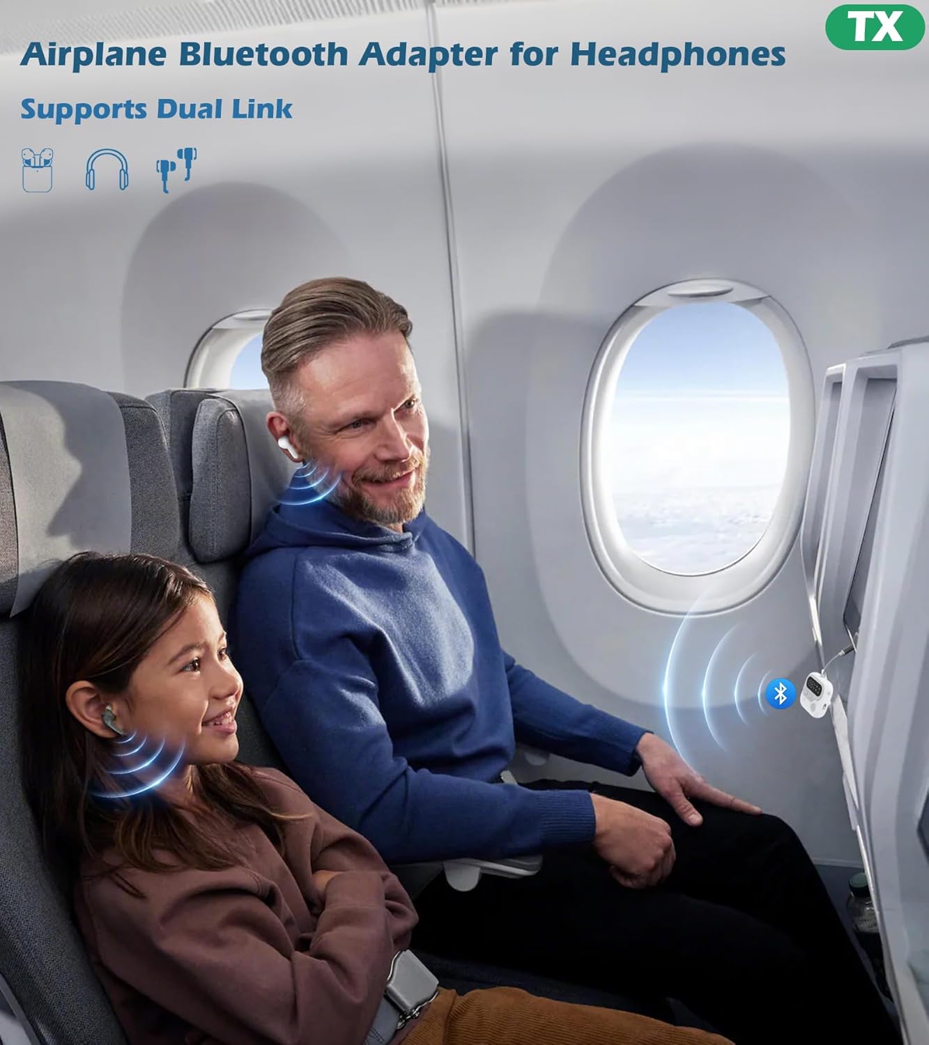 Two people using KAIY JS4 Bluetooth Adapter on an airplane