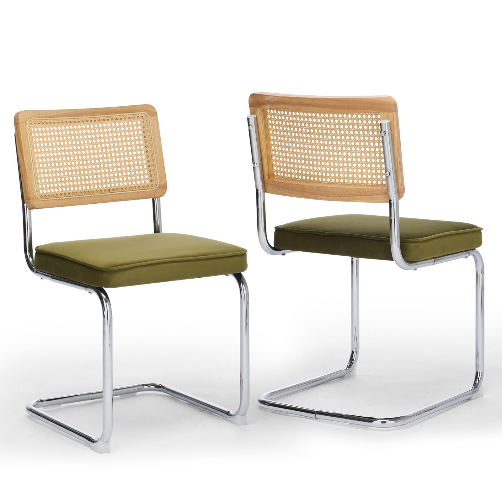 SoarFlash Mid-Century Moderne Esstühle, Handgewebte Rattanlehne, Cantilever-Struktur aus Verchromtem Stahl, Weiches Samtpolster, Set aus 2, Grün