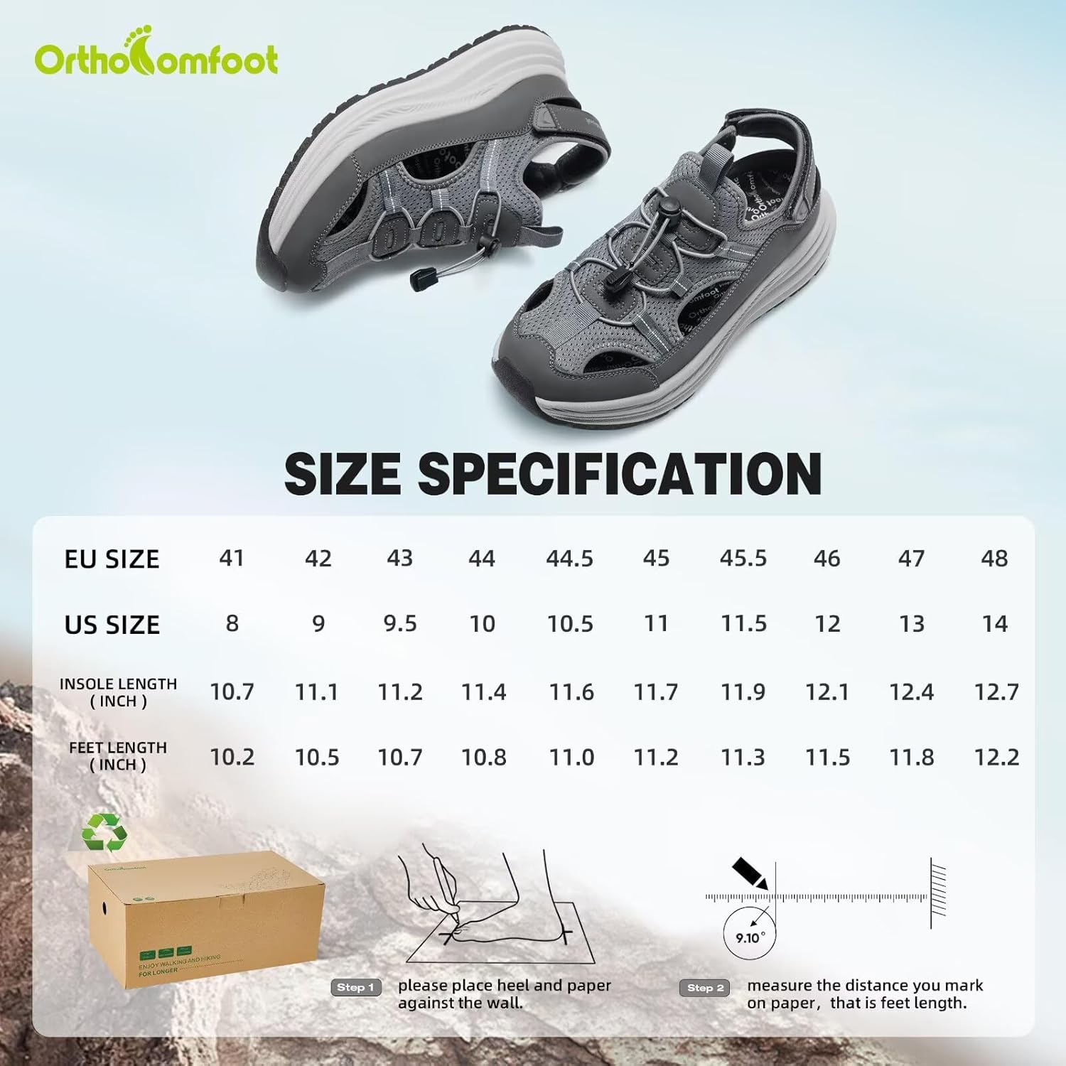 Men's Orthopedic Close Toes Hiking Sandals: Plantar Fasciitis Arch Support Adjustable Hook Loop Strap Athletic Sport Shoes, Comfortable Casual Camping Waterproof Summer Walking Sandals - Image 9