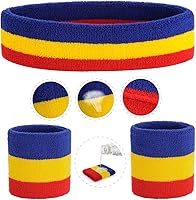 Vista 10 de ONUPGO - Conjunto de diadema y muñequeras deportivas para el sudor, hechas de algodón con bucles, muñequeras, contra humedad Rojo/Blanco/Azul