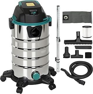 HOMCOM Aspirador 3 en 1 de 1400W, Extractor y Soplador de Sólidos y Líquidos de 22kPa, Recipiente de Acero Inoxidable de 30L, Triple Filtro HEPA, Radio de Limpieza de 6m y Accesorios, para Hogar,