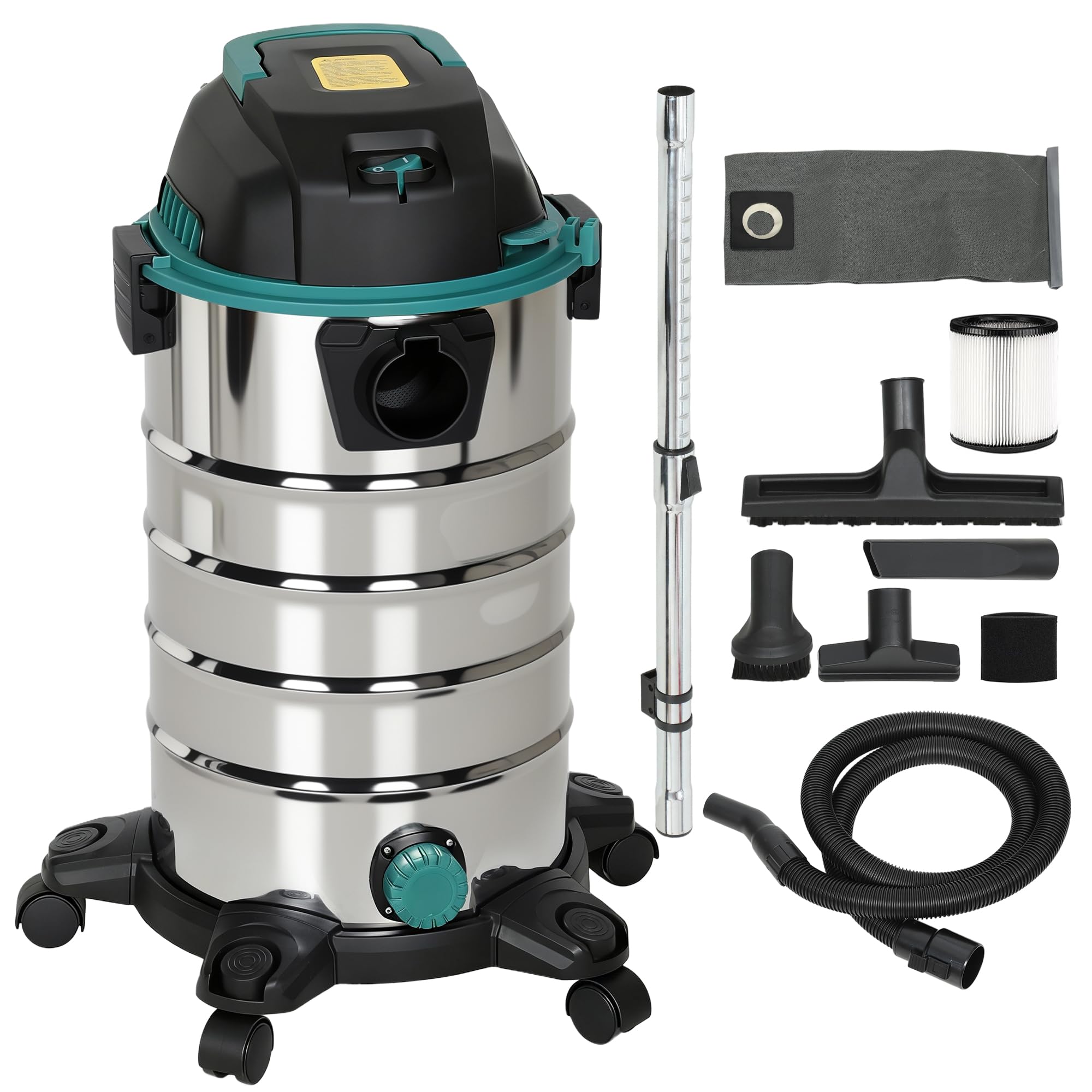 HOMCOM Aspirapolvere 3 in 1 da 1400W, 22kPa Aspirasolidi e Liquidi e Soffiatore, Bidone Aspiratutto da 30L in Acciaio Inox, Triplo Filtro con HEPA, Raggio di Pulizia 6m e Accessori, per Casa, Garage
