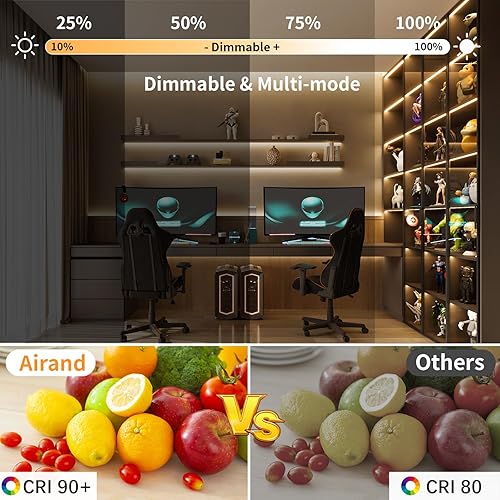 Miniatura 6 de Airand Tira de luces LED adhesivas de color blanco cálido, regulable, 3000 K, tira de luz LED COB con control remoto flexible de alta densidad, luz