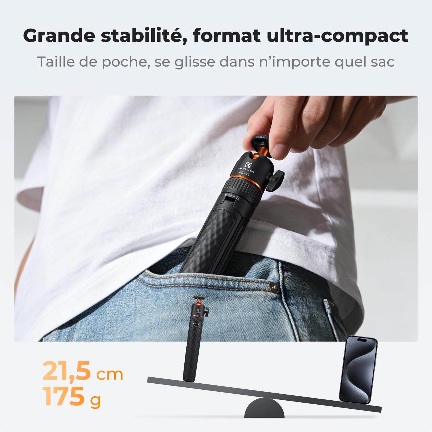 MS71 [Ouverture Auto 1s] Mini trépied Smartphone et Perche Selfie, 25,6", rotule de Poche légère avec Sabot Froid, Petit trépied de Bureau Compatible DJI Osmo Pocket 4/3, Action5, GoPro 13/12.