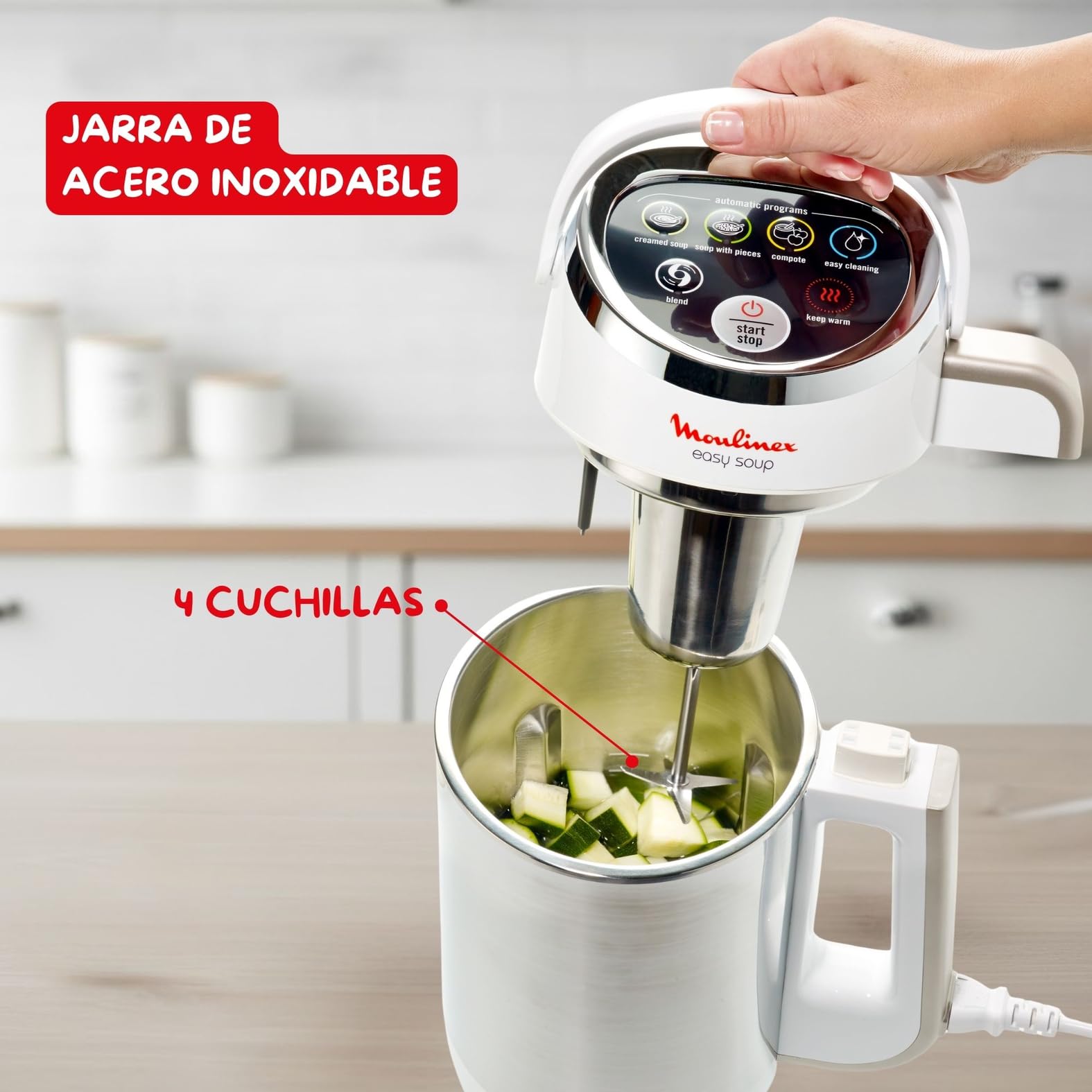 Moulinex Easy Soup, Sopera Eléctrica, 4 Programas Automáticos, Jarra Inoxidable, Capacidad 1,2L, Autolimpieza, Función mantener caliente, Potencia 1000W, LM841110